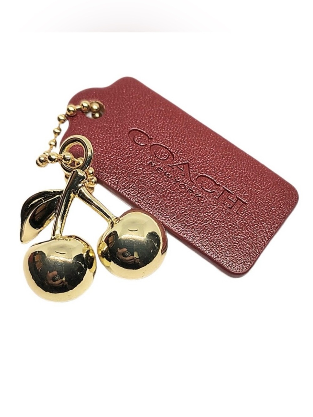 1.75" Coach Dark Red Gold Cherry Leather Hangtag Bag Fob Purse Charm Keychain